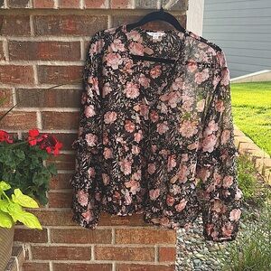 American Eagle Outfitters Ladies M Black and Pink Ruffled Sheer Floral Blouse